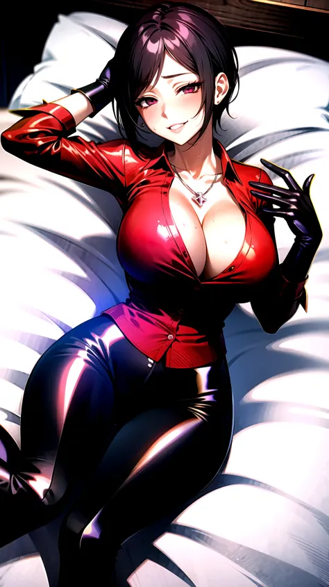 （（super high quality,））（（Ultra-high resolution,））（16K,）（super masterpiece,）（（Ultra HD ,））（Detailed shading,）Full body photo,One sexy mature woman,（（Red collared shirt,popped Tight collar,））Folded sleeves,Black long gloves,（Glossy black pants, Black long bo...