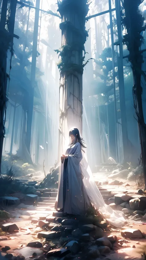 beautiful girl in transparent gray robe standing in dark forest, epic style, octane rendering, desert composition, rosto bonito, hiperrealista, oil on canvas, premiado, obra de arte, trends on Artstation, by studio ghibli, 8k