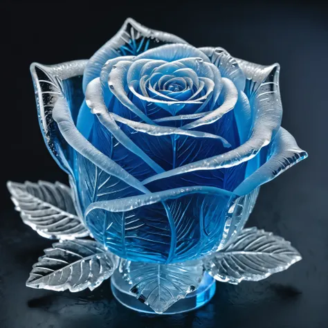 a rose made out of ice in the style of ice art, icy, ice carving, frozen art, translucent sculpture, ice texture, ice replica, glowing BLUE neon color palette