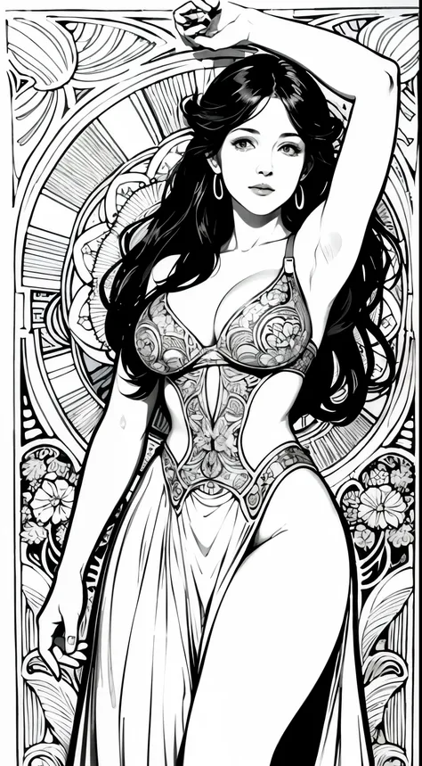 Pursuing their dreams, Coloring Book Page Line Art, All-white background, whole body，barefoot，（（Use only contours, Line Art, Coloring Book, Clean Line Art））, Open long skirt，Charming and fit curves（(Large Breasts)），Mandala，Lying in a sea of flowers，Colorin...