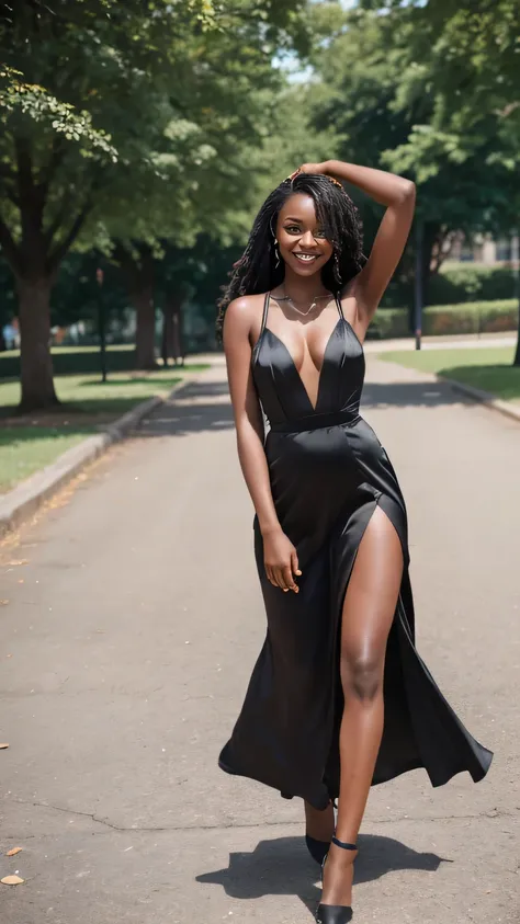 Realistic full body photo of a smiling, beautiful black woman with long hair, black skin. She dances in front of the camera in a short elegant A-line dress with straps made of grey satin. ...., fine fabrics, Park,glamour fotoshooting, Park, perfect anatomy...