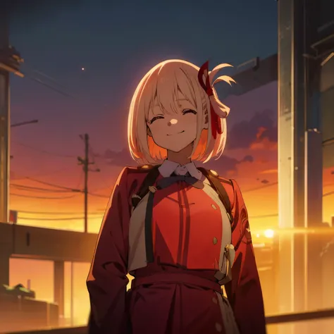 high resolution、Anime painting、chisato nishikigi、uniform、closed eyes, smile、Upper body image、from the front、Against the backdrop of the sunset、Standing upright、A desolate city