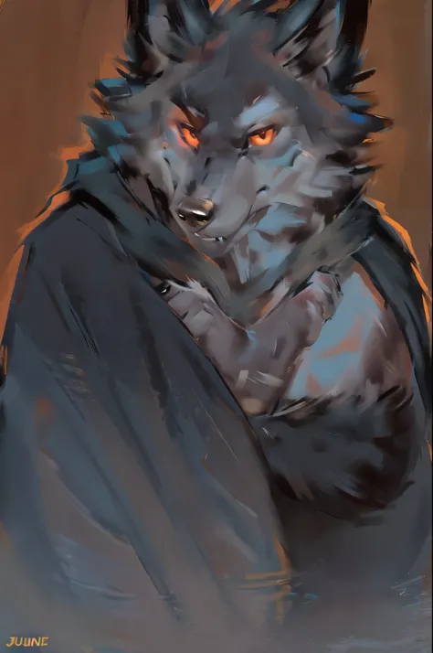 (by chunie and juiceps) solo, anthro, (Deathwolf, Death(puss_in_boots)), (white body), thermal lakes, (red penetrating eyes), partially submerged, (wearing long black poncho, long black cloak), (verry detailed fur), (verry handsome:1.3), grey head marks, (...