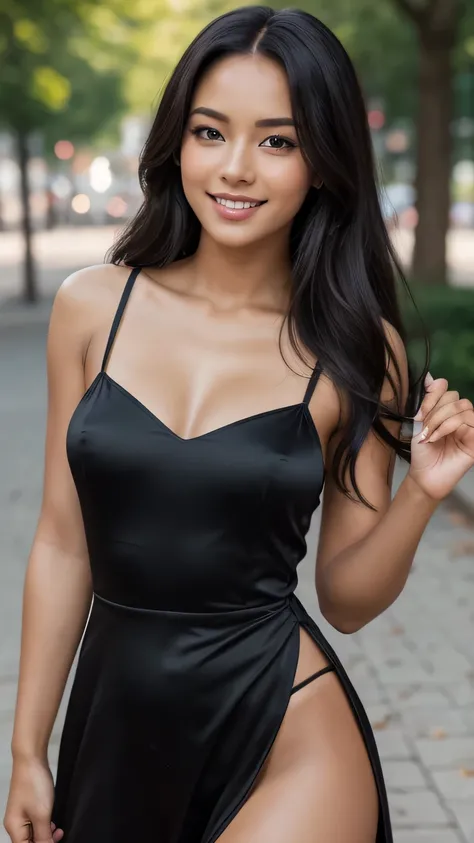 Realistic full body photo of a smiling, beautiful black woman with long hair, black skin. She dances in front of the camera in a short elegant A-line dress with satin straps. ...., fine fabrics, Park,glamour fotoshooting, Park, perfect anatomy, perfect bro...