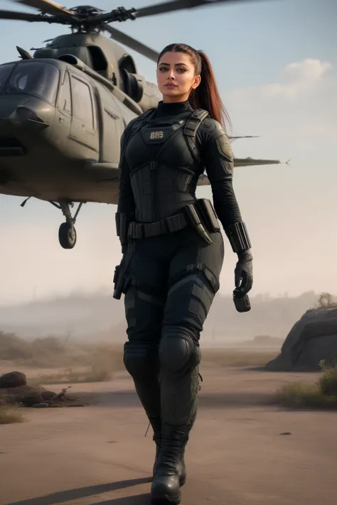 Full body photo of 50YO MATURE MILF AISHWARYA RAI as BIMBO ARMY COMMANDO, ((BLACK COMMANDO GEAR, COMBAT BOOTS, COMBAT GLOVES, KNEEPADS)), CAMO PLATE CARRIER RIG, intricate details, POSING next to army helicopter, ((FLIRTATIOUS MOCKING SMILE)), ((PONYTAIL H...