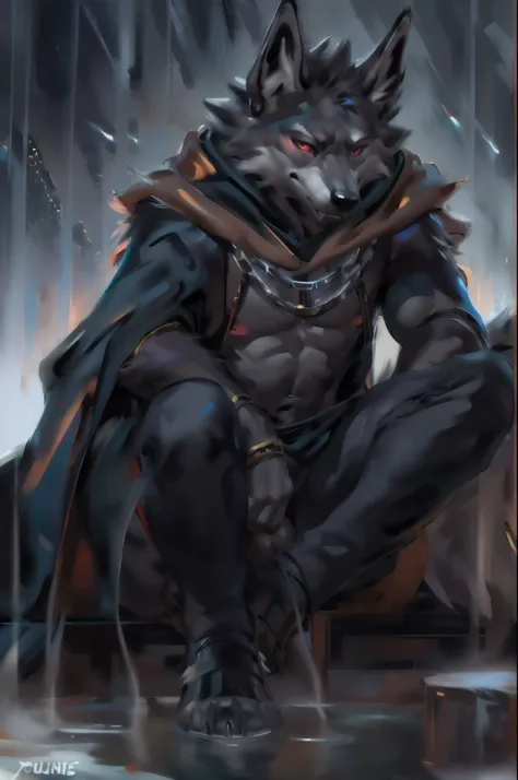 (by chunie and juiceps and amon-sydonai and woolrool and xstupid_furryx) solo, anthro, (Deathwolf, Death(puss_in_boots)), (white body), thermal lakes, (red penetrating eyes), partially submerged, (wearing long black poncho, long black cloak), (verry detail...