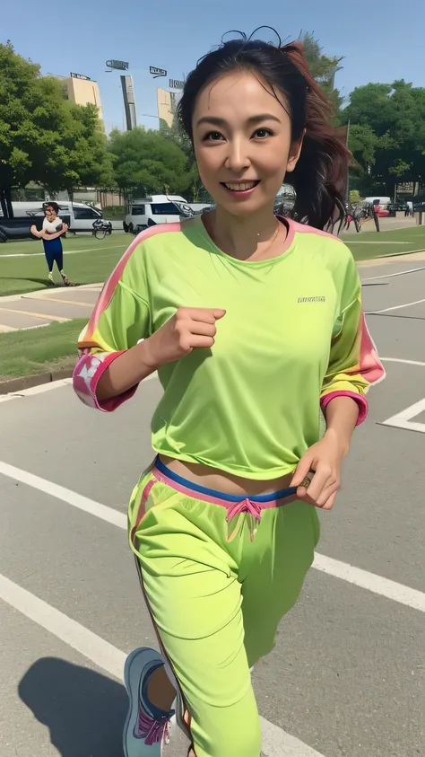 Morning jogging in the park, Running towards us、(Wearing colorful, thin running wear:1.4)、One Japanese person,housewife, 40 years old、Symmetrical eyes, Whole Body Ezbian、(Realistic facial wrinkles:1.2), Brown eyes, (hair slicked back, ponytail:1.2), Brown ...