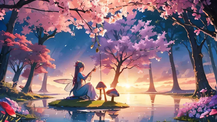 Create a fantastical illustration of fairies playing in a magical forest。Fairies with shining wings、Colorful flowers々or tree々Dancing in a landscape surrounded by、Depicts a scene of someone sitting on a mushroom。With the sunset as a backdrop、Please also dra...