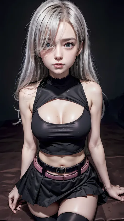 ((face portrait)), masterpiece, best quality, highres, Elizabeth, 1girl, jewelry, single thighhigh, silver hair, hair over one eye, midriff, black skirt, asymmetrical legwear, pink shirt, sleeveless, black thighhighs, belt, landscape background, standing, ...