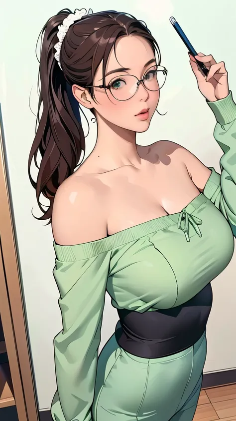 Best Quality, Masterpiece, Ultra High Resolution, ultra detailed object, detailed background, (Realisticity: 1.4), Original Photo, detailed face, girl、ponytails、looking at camerea, red blush, sage green sleveless blouse, (off shoulder:1.5), side boob, youn...