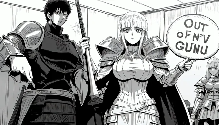 anime characters are standing in a room with a sign that says out of my guild, in berserk manga, from berserk, berserk style, black and white manga panel, castle scene manga, holding a sword on her shoulder, berserk manga, but the armor covers her face, be...