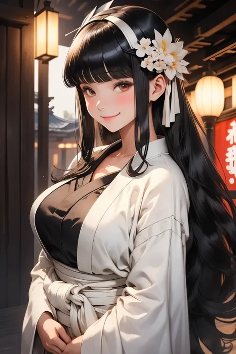 ((obramaestra)) Black haired girl with bangs covering the right side of her face, pleasant smile, wearing a black yukata with delicate white details, big chest, thick thighs, Edo era setting. 