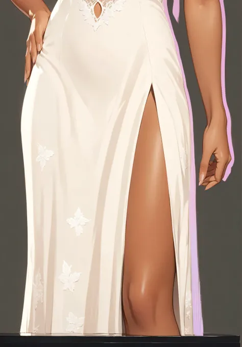 beautiful illustration, ultra-detailed, masterpiece, tanned girl, brown skin, lace on dress, white dress