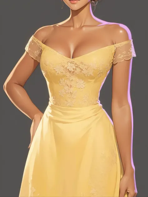 beautiful illustration, ultra-detailed, masterpiece, tanned girl, brown skin, lace on dress, yellow dress