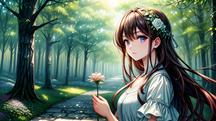 (masterpiece、8k、highest quality)、(Soft Light:1.3), Detailed face, Fine grain, dress, Beautiful digital artwork, landscape, Backlight, Lots of flowers, forest, Sparkling eyes, warm, warm light, watercolor
