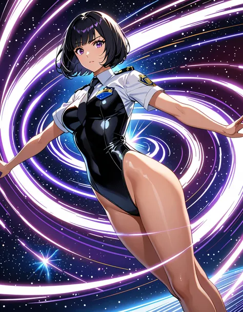 (masterpiece), (best quality), (high res), medium breasts, ((jet black hair, short hair, bob hair, purple eyes, bangs)), japanese police uniform, ((white shirt, black tie)), ((leotard, white and red leotard, matching leotard, bare legs)), matching shoes, b...