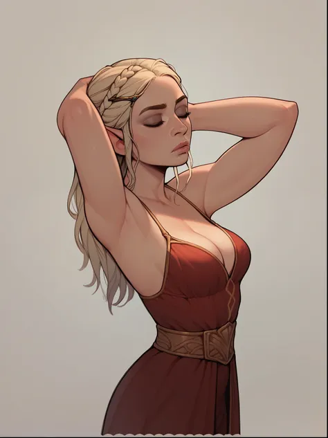 score_9, score_8_up,score_7_up, score_6_up, score_5_up, score_4_up, woman, best quality, highres, full shot, solo, beautiful, makeup, soft lips, daenerys (bored), large cleavage,  beautiful red dress, (((simple background))), thin elf ears, head up, eyes c...