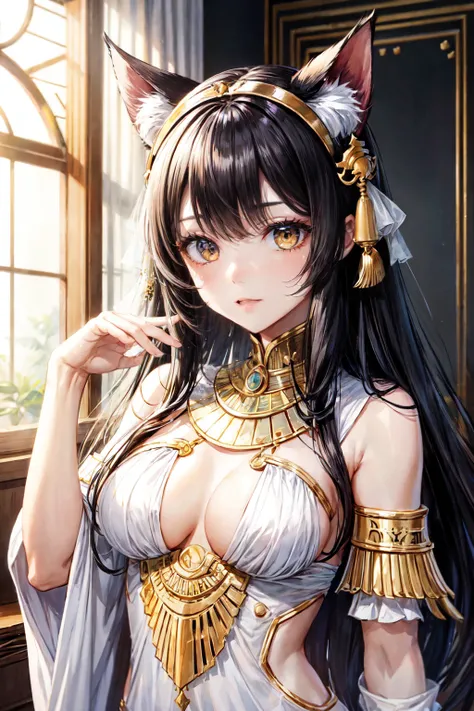 Highest quality、Black haired cat ears、Egyptian god in white costume、Gravure pose、Brown skin