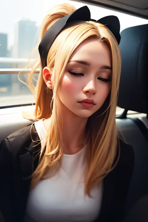 a beautiful woman with long gorgeous blonde hair, elegant cat-themed headband and ponytail, tired and exhausted in a taxi going home, realistic, photorealistic, high quality, detailed, digital painting, cinematic lighting, warm color tones, depth of field,...