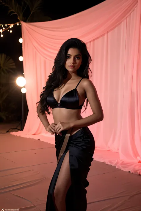 A female indian Instagram model, wearing a black pink satin saree in a elegant looks, d size, elegant pose, in a pink background, rim light, warm lights, smoke, long glazing hair, spotlight illumination, rich shadows, sparkling bokeh, exquisite details, hi...