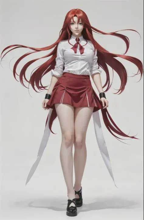 a girl with long red hair and a school skirt and blouse. It is in front of a white background, Rias Gremory, Erza Scarlet as a real person, High school dxd, anime steins gate. Female action. Girl, anime character, with long hair. Anime full body illustrati...