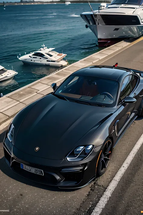 (RAW photo, Best quality), (realistic, photo-realistic:1.3),Best quality,very detailed,masterpiece,ultra detailed,illustration, 2 cars_Porsche Taycan and BMW M5, On the pier, there is a large yacht in the background, detailed drawing of car emblems and the...