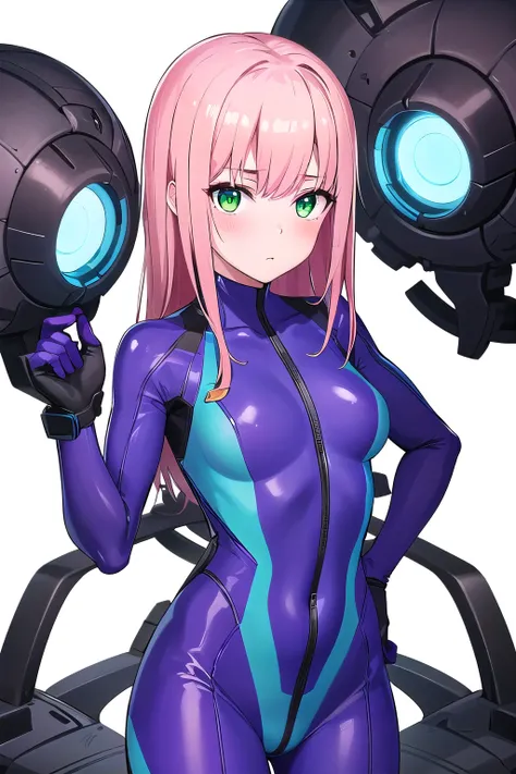 1girl,Samus aran,solo,green eyes, pink hair, forehead   hair, zero suit ,purple stripes,cowboy shot,blush,,Science fiction,ultra-detailed,sharp focus,aesthetic,(best quality), white background