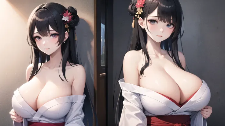 (((masterpiece, best quality))), (((superior quality))), cute girl, ((extremely detailed girl)), ((huge breasts)), bare shoulders, yukata, strapless top, happy, 4k