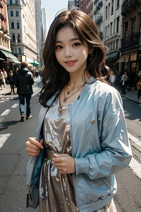 スーパーディテール, a woman in a dress is posing while she is holding a jacket, 1girl, realistic, brown hair, solo, jewelry, necklace, smile, long hair