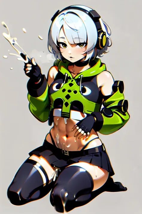 Anby style, 8k, hdr, unreal engine, ultra quality, sitting,  anbydemara, anby demara, (gold eyes:1.1), short hair, white hair,
BREAK bare shoulders, black gloves, black skirt, black thighhighs, fingerless gloves, gloves, green jacket, headphones, jacket, n...