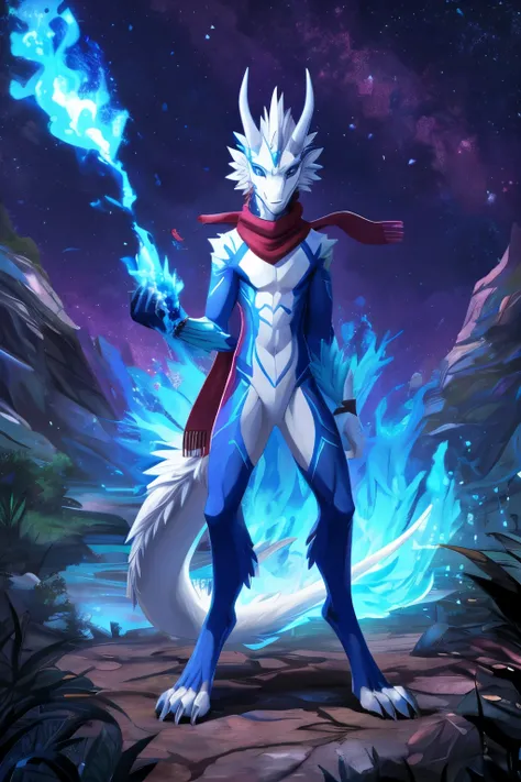 (anime), (front facing), (looking at the camera), slim furry white dragon using fire magic, blue secondary body color, (black, magenta and blue complimentary colors), spikes, very long muzzle, neck and tail fur, digitigrade, creative horns, feathers, dark ...