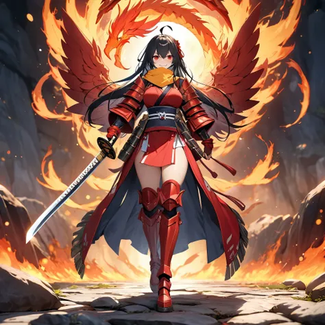 A woman wearing red heavy samurai armor, with metal boots, red bracelet, long black hair, with golden scarf in her hair, holding an unsheathed katana, glowing red eyes, sadistic smile, with a large phoenix of fire behind, walking on a rock platform,ahoge, ...