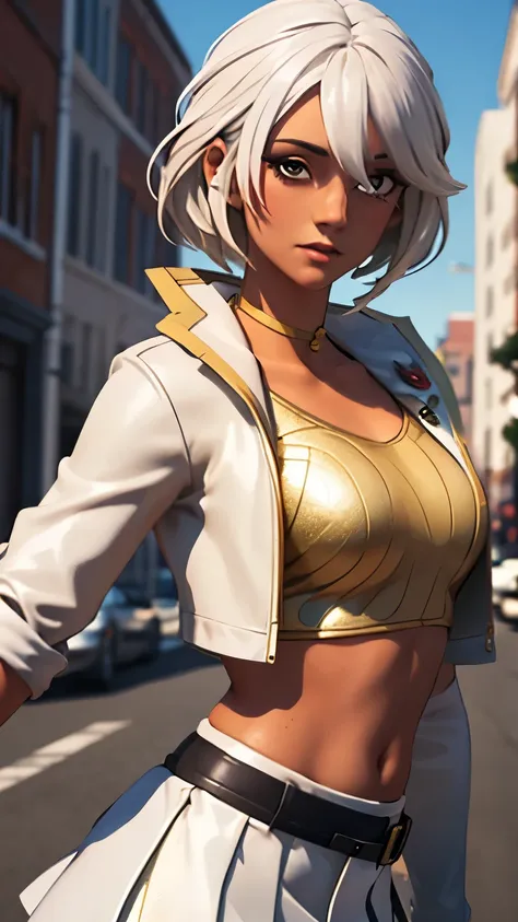 City detailed background, city detailed scenario, 1girl, solo, AphroditeFN, crop top, Gold top, yellow crop top, open clothes, jacket crop top, white jacket, mini skirt, white skirt, one glove, white hair, 