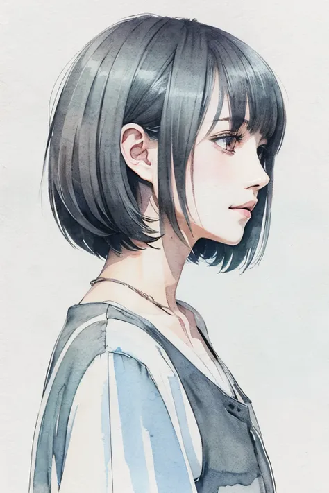 Watercolor、(Illustration style)、(Showa Anime)、Woman looking this way、(highest quality)、extra short length Hair, dark gray hair color