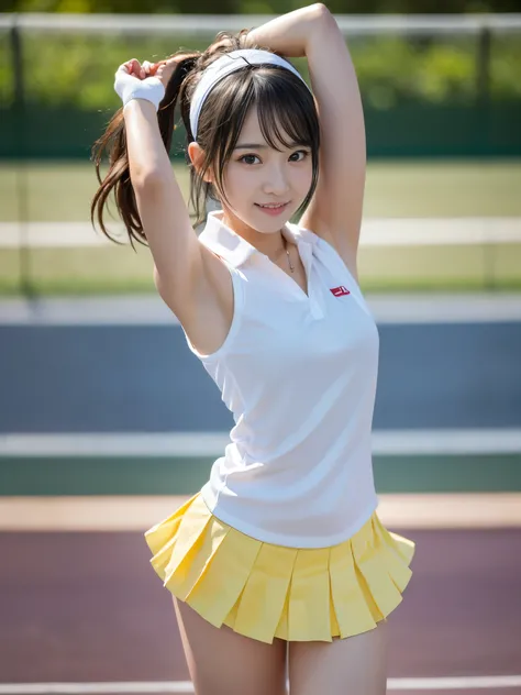 (Best-quality, Masterpiece, Ultra-High-Resolution, (Photorealistic:1.4), Raw Photo, depth of field, professional lighting), ((1girl, the most famous Japanese idol, standing at tennis-court, innocent smile)), (((wearing white tennis uniform, white sleeveles...