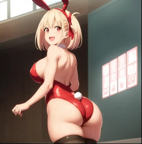 1girl,alone,chisato nishikigi,masterpiece,best quality,high resolution,looking at viewer,detailed,detailed eyes,short hair,dull blonde hair,headband,large breasts,medium waist,wide hips,wide thighs,body curvy, dynamic pose, red playboy bunny costume, red b...