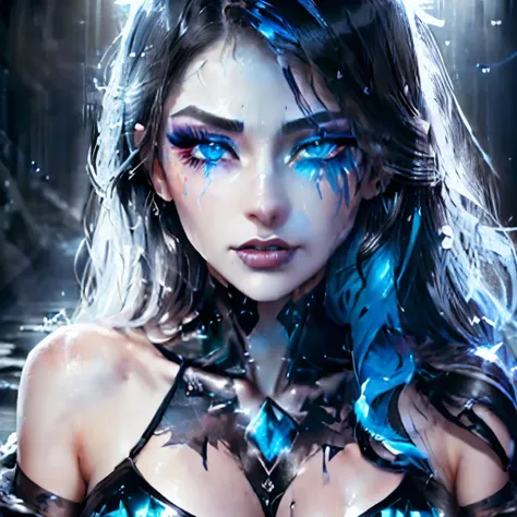 there is a woman with blue eyes and a black top, sexy face with full makeup, leaky make - up, closeup fantasy with water magic, bubble goth makeup, crying makeup, wet make - up, closeup of face melting, cream dripping on face, blue holographic face, styliz...