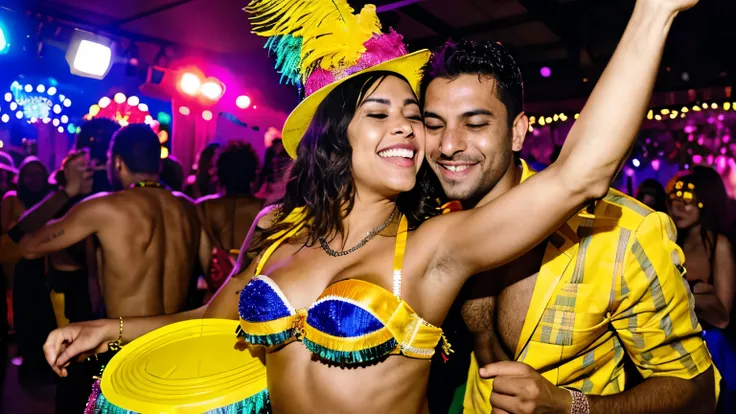 A vibrant and lively scene at a samba party. In the center, a dark-skinned man and woman dance together with passion and joy, conveying a feeling of sincere love. They are smiling, with their eyes closed, feeling the music. Around them, there are musicians...