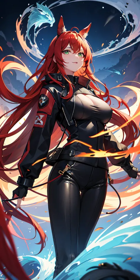 1 person,woman,Medium long hairstyle,Red Hair,Blue Flame, Vortex of flames,wallpaper, Wind景,Depth of written boundary, night, Particles of light, light, Side light, Thighs,****, cloud,Gaze, Large Breasts, Green Eyes, Horse ears, Bright smile,Open your mout...