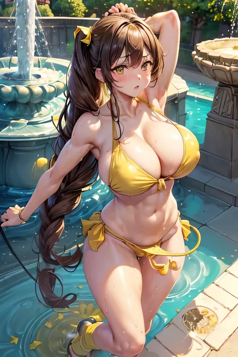 Big tits and big ass anime girl volleyball bikini,high school girl，((((High leg))))，((Highest quality, wonderful,8k, masterpiece :1.3)),(Erotic Body Twist:1.6),Brown long hair, Brown eyes,Heart-shaped pupils,White skin, ((Huge breasts:1.3)), HH-sized breas...