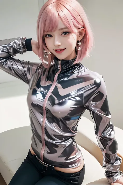 (8K, top-quality, masterpiece:1.2), ( Super Detail), (One girl), (Highly detailed), (beautifully detailed eyes), (of the highest quality), (super detailed ), (masterpiece), (Detailed face), ((pink hair,)), blunt bangs, bob cut, medium breasts, clothed, Per...