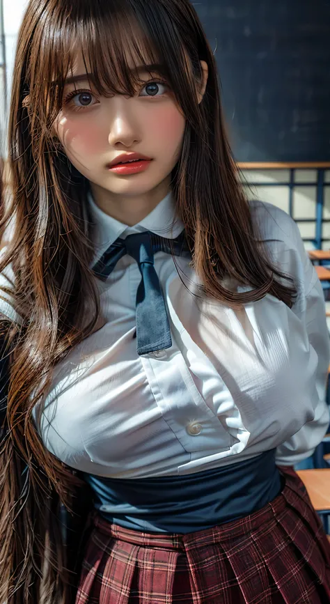 (Highest quality、Tabletop、、Best image quality、Award-winning works)、Extremely cute and lewd high school girl、White polyester collared shirt ripped because her breasts were too big、Short sleeve:1.4)、(Navy Pleated Skirt:1.1)、Girl portrait photography、Glowing ...