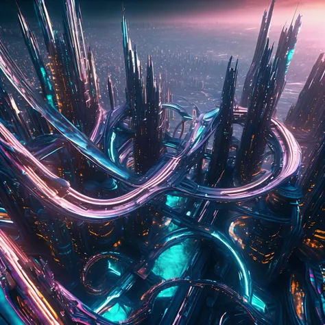 Vast overlook futuristic metropolis advanced interlinked viaduts rollercoaster crispy shimmering hyperdetailed maximalist overlapping swirling hanging floating multilevels    :: futuristic city vanguard advanced metropolis , grainy glimmering glistering . ...