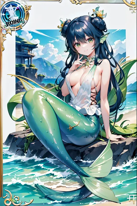 masterpiece, best quality,(Full fingers),A girl,Large Breasts,Mermaid,浅绿色的Mermaid尾巴,Head fin,full-body shot,beach,Sea view,Sitting on the beach,charming脸(Kawaii, charming,Soft),Smile