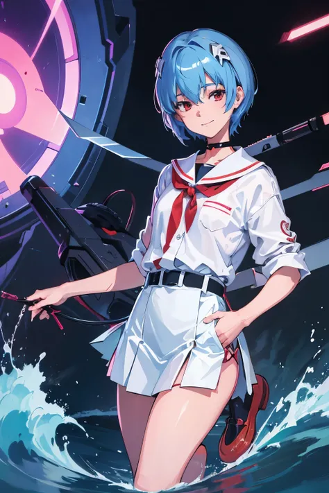 A masterpiece portrait of smiling Rei Ayanami (Evangelion), Evangelion (Hideaki), Caustics, High resolution illustrations, Red eyes, feminine, No students, Blue Hair,  short hair, Japanese School Uniform, loafers, Spank, Synthwave, paint Splashs, Shaded fl...