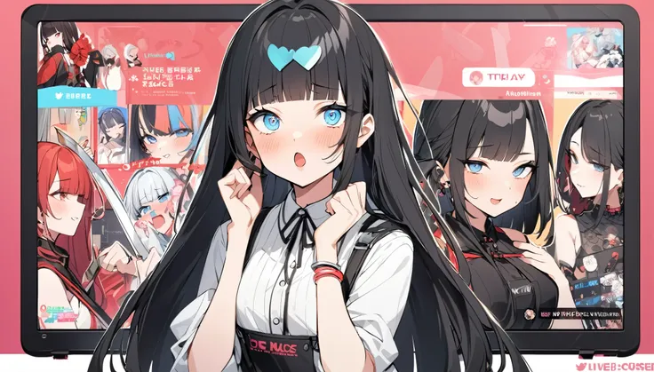 A pose of deep affection with both hands on the chest、sad、Ahegao、I play at music habs、idol、Japanese sword、rifle、gun、Virtual Character Design,Black Hair、blunt bangs、Straight Hair, face, Modern design, 1 female,Sexy concept, 
A Vtuber livestream scene featur...