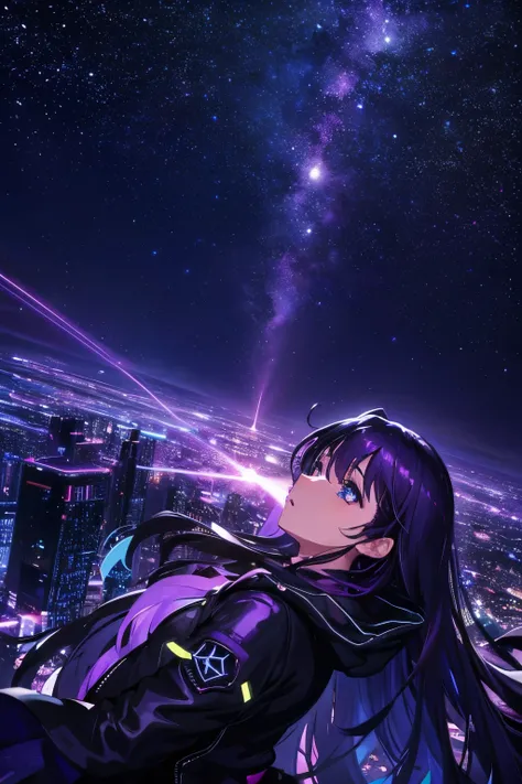 Starry sky with constellations, Purple hue like a nebula, Vast space, The Bottom of Cyberpunk City,  