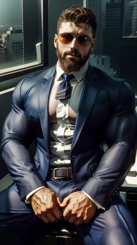 photo of Michele Morrone a man in formal suit, looking directly at viewer, beard, standing in office with spread legs and sunglasses, ultra realistic, hd, hdr, D750F nikon camera photography, outdoor