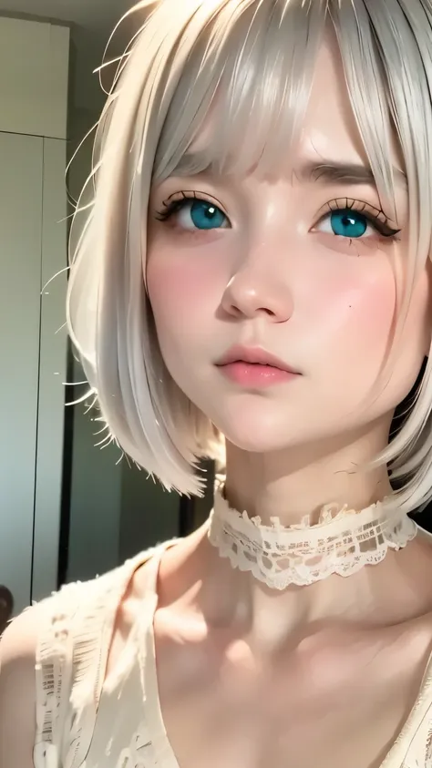 cute, (silver hair、white mesh), ((short bob)), perfect face, innocence, an ennui look、upper body,(grey eyes),  (small breasts), ...