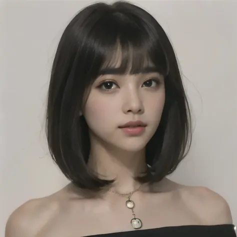 Close-up of a woman wearing a necklace around her neck, Short Hair, , she has black hair With bangs, neat hair With bangs, With bangs, , Short Hair With bangs, 